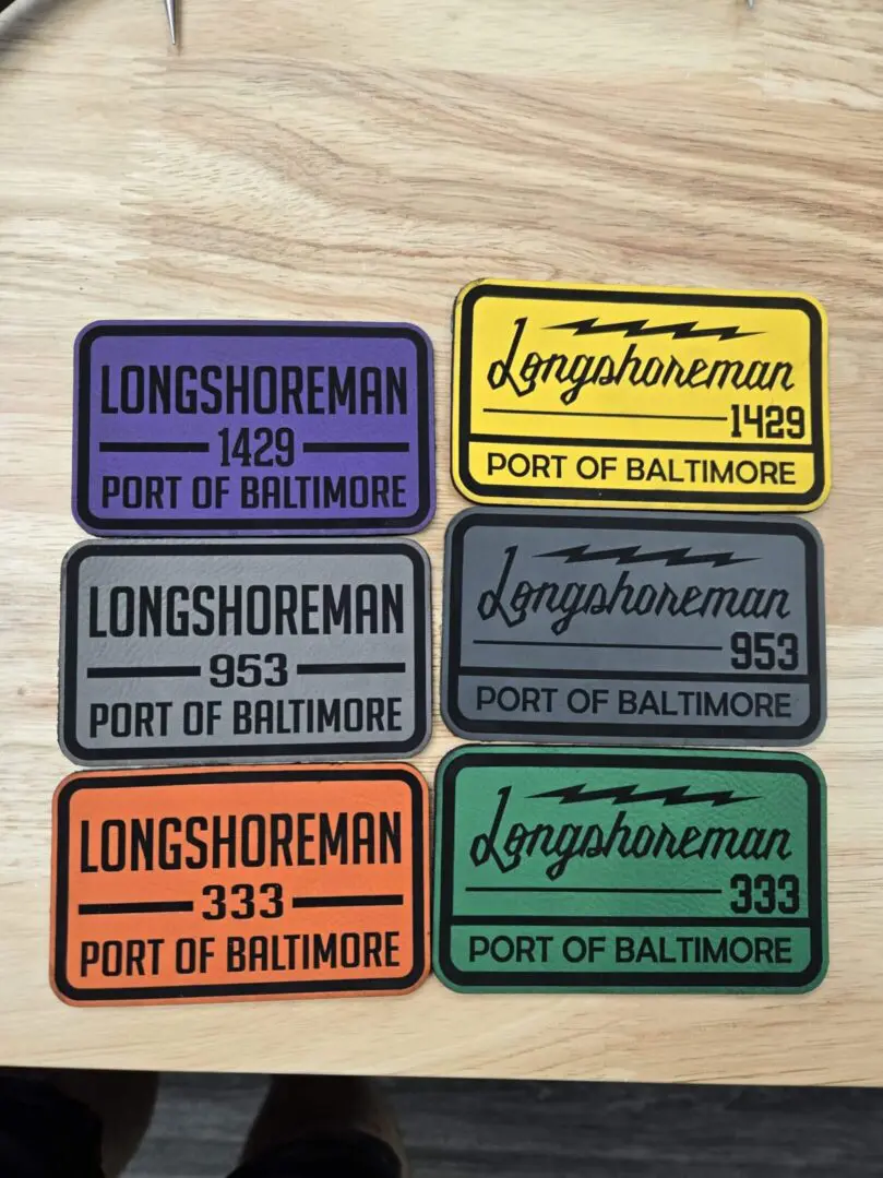 Various Longshoreman patches with different designs and colors.