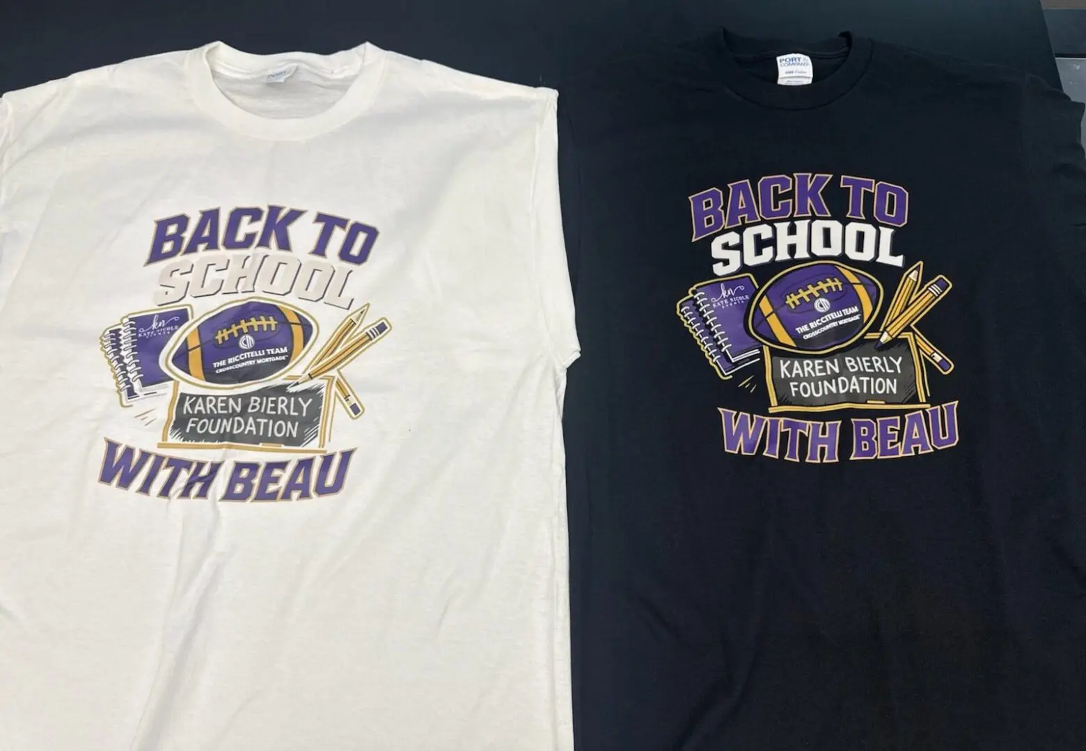 Two 'Back to School' graphic t-shirts in white and black.