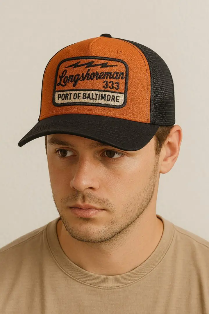 Young man wearing a brown and black trucker hat with a patch.