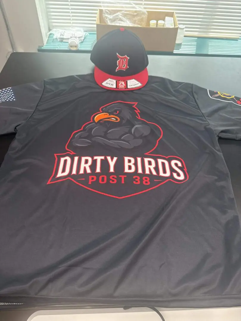 Black sports jersey with 'Dirty Birds Post 26' and a bird logo.