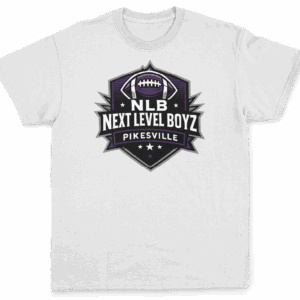 White T-shirt with football-themed logo.