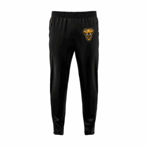 Black pants with a snake logo design.