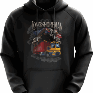 Black hoodie with longshoreman truck design.
