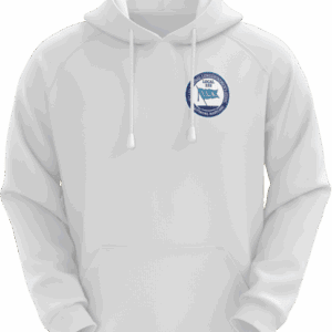 White hoodie with a blue circular logo.