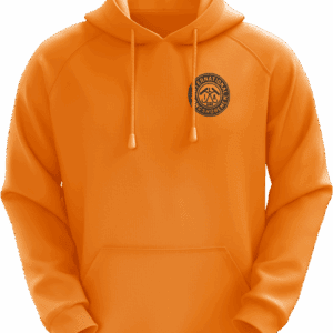 Orange hoodie with black circular logo.