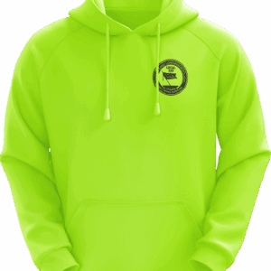 Bright green hoodie with a circular logo.