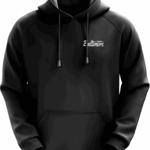 Black hoodie with "Baltimore" text design.