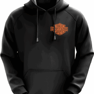 Black hoodie with orange logo design.