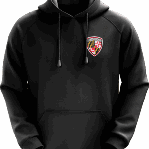 Black hoodie with embroidered chest logo.