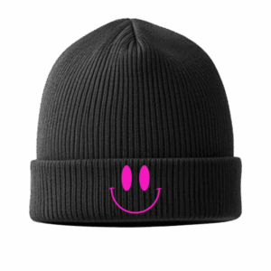 Black beanie with pink smiling face design.