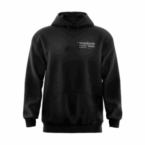 Black hoodie with white text design.