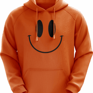 Orange hoodie with a smiley face design.