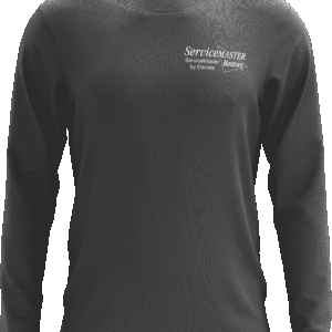 Gray long-sleeve shirt with logo print.