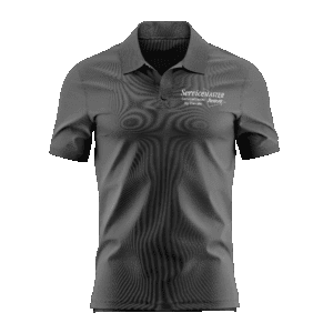 Gray polo shirt with embroidered logo.