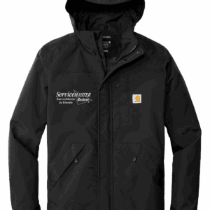 Black hooded jacket with embroidered logos.