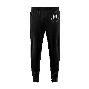 Black pants with a white smiley face.