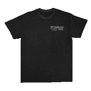 Black T-shirt with white embroidered text.