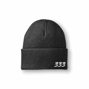 Black beanie with "333" embroidered in white.