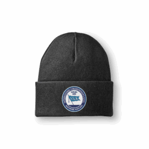 Black beanie with embroidered circular logo.