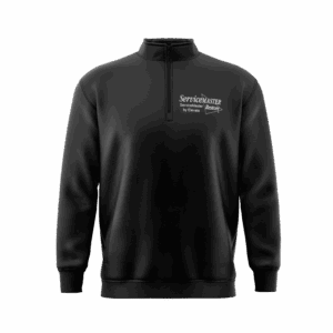 Black zip-up sweater with white logo.
