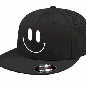 Black cap with white smiling face design.