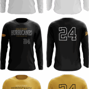Three sports jerseys in different colors.