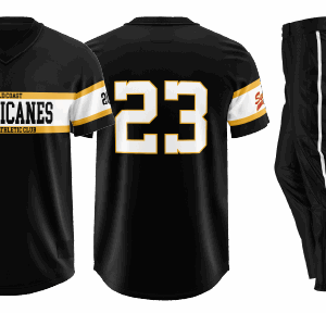 Black baseball jersey and pants with stripes.