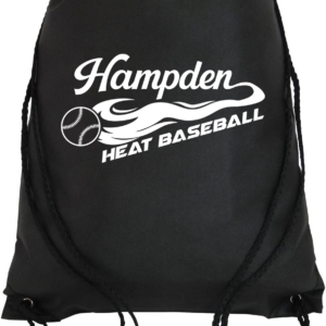 Black drawstring bag with baseball logo design.