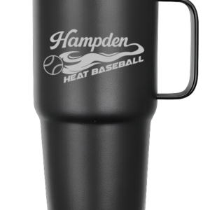 Black travel mug with "Hampden Heat Baseball.