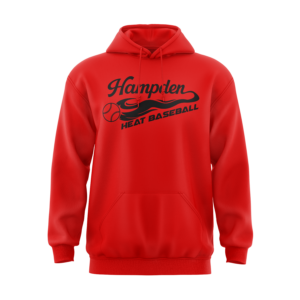 Red hoodie with baseball graphic design.