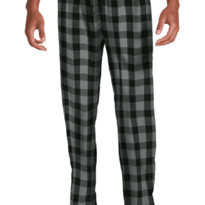 Person wearing black checkered pajama pants.