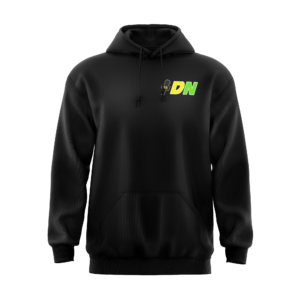 Black hoodie with "DN" logo design.