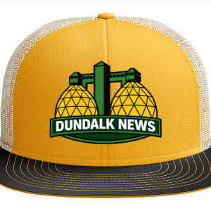 Yellow and black hat with Dundalk News logo.