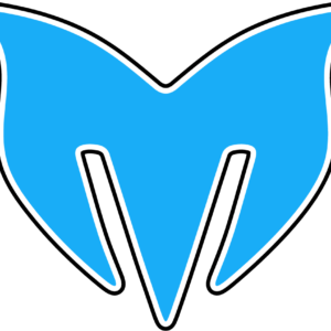 Blue stylized fox head logo on black