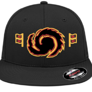Black snapback hat with flame spiral logo