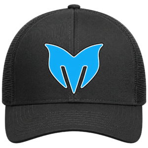 Black trucker cap with blue stylized M logo