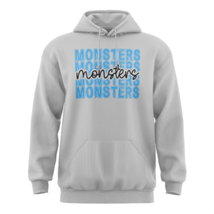 Gray hoodie with blue "Monsters" print