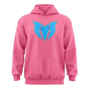 Pink hoodie with blue abstract logo