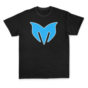 Black t-shirt with blue stylized logo