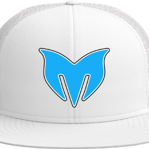 White trucker hat with blue fox logo