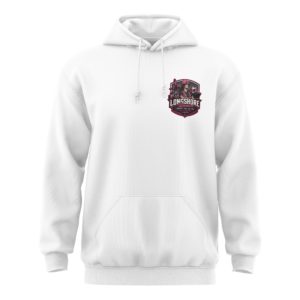 White hoodie with small Longshore logo on chest